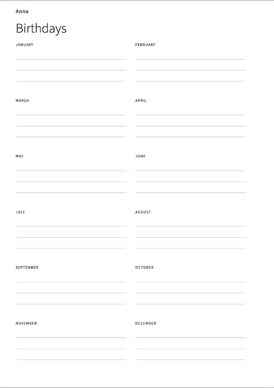 The birthdays page: the twelve months with lines to write on
