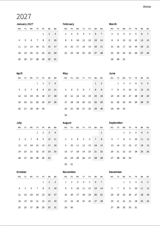The year calendar: twelve small months on one page, weekends shaded