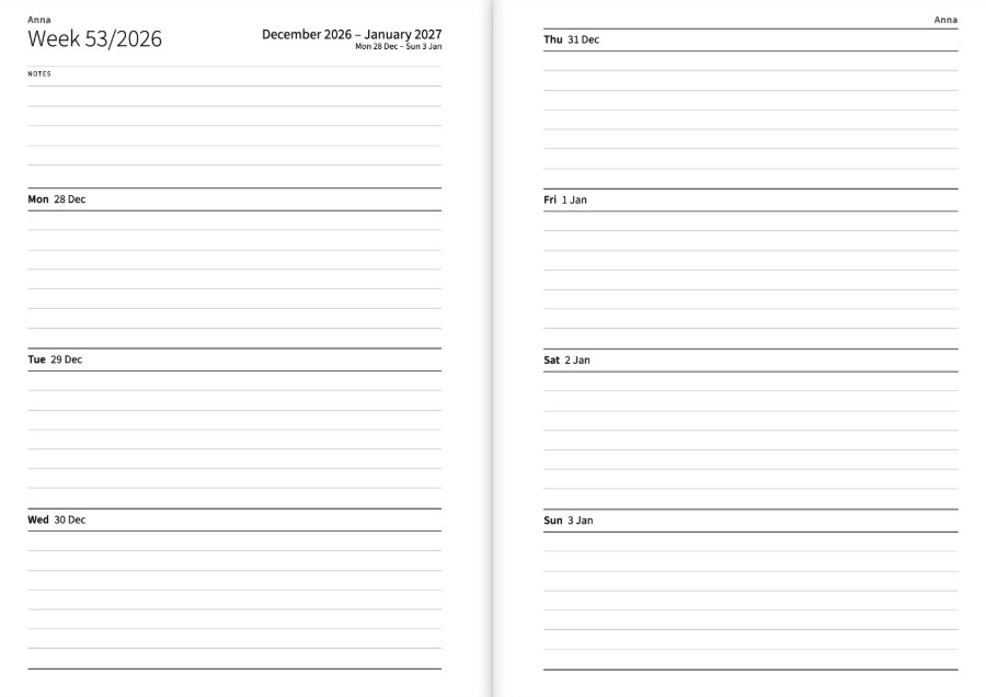 A week spread: Monday to Wednesday on the left with space for notes, Thursday to Sunday on the right, every day with its lines